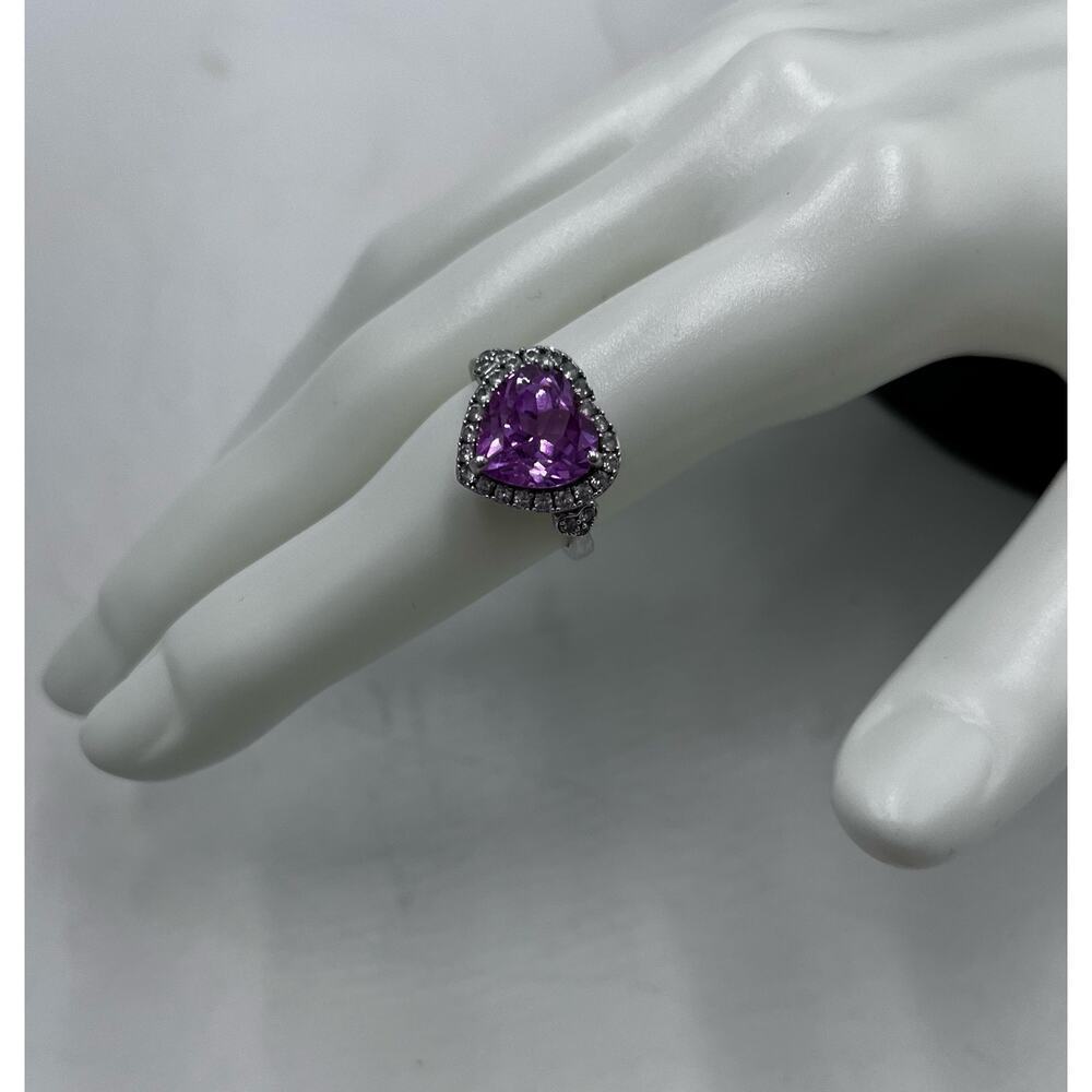 Sterling Silver Designer Stamped Pink Heart Faceted Topaz CZ Halo Ring Sz 6.75